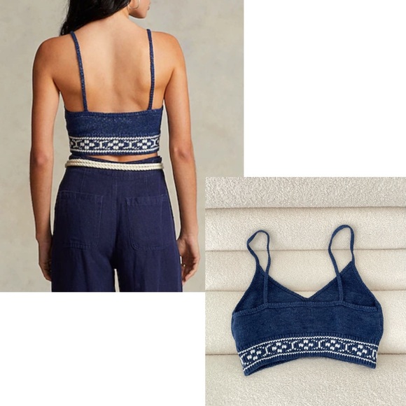 POLO by Ralph Lauren Geo-Motif Knitted Crop Top Woven Crochet Navy Bralette LG - Picture 3 of 9